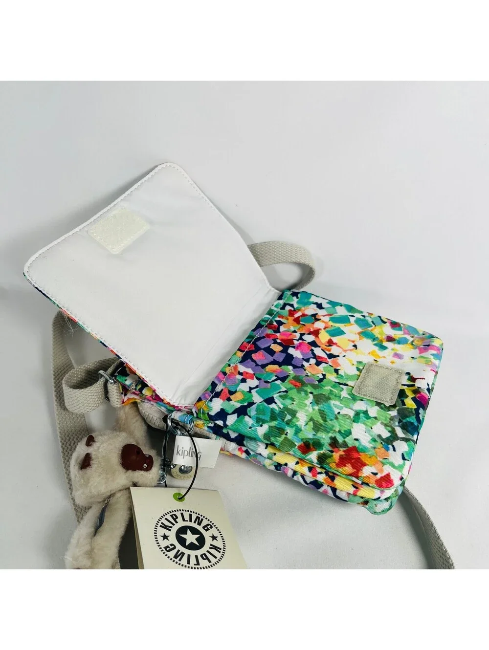 Kipling Multicolor Mosaic Canvas Mini Crossbody Bag NWT Flap Purse Monkey Charm